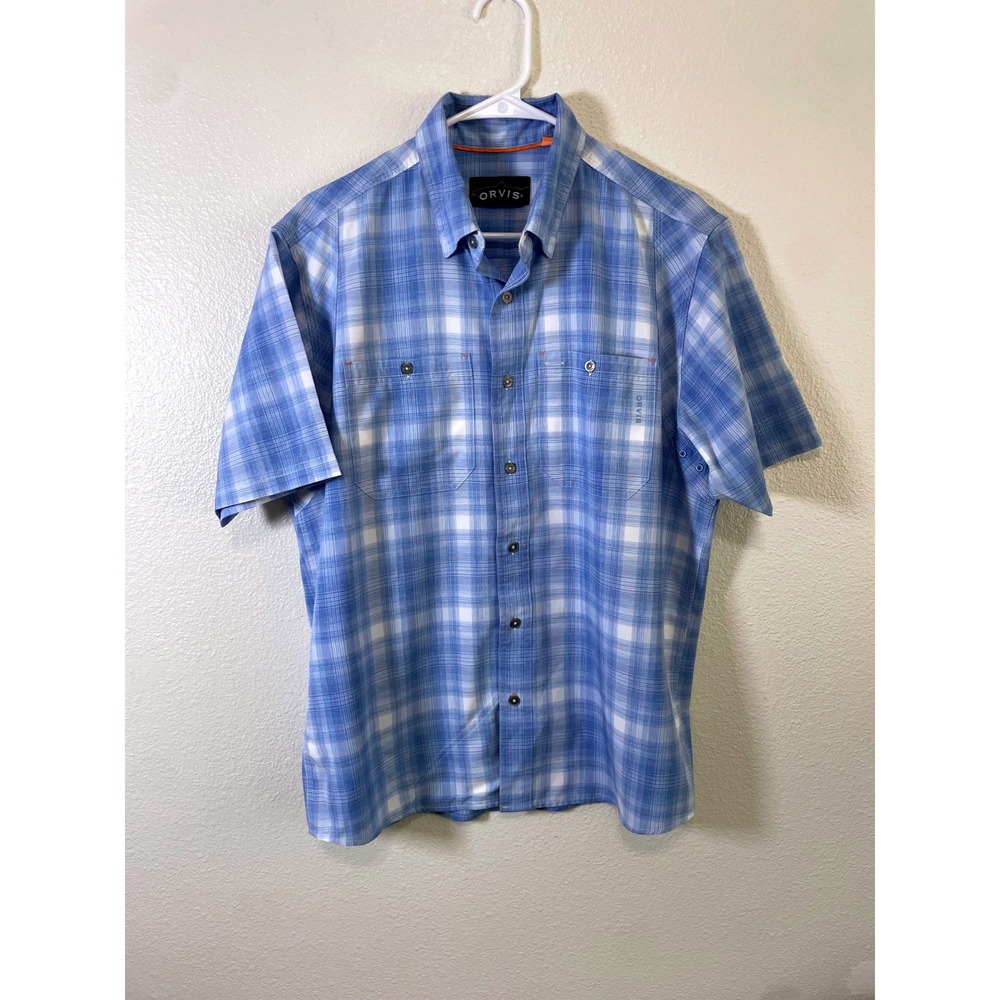 Orvis Button Down Shirt Mens Medium Blue Plaid Excellent Short Sleeve Technical‎